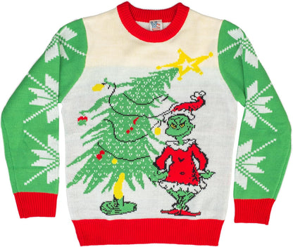 Grinch as Santa Next to Tree Adult Off-White Ugly Christmas Sweater