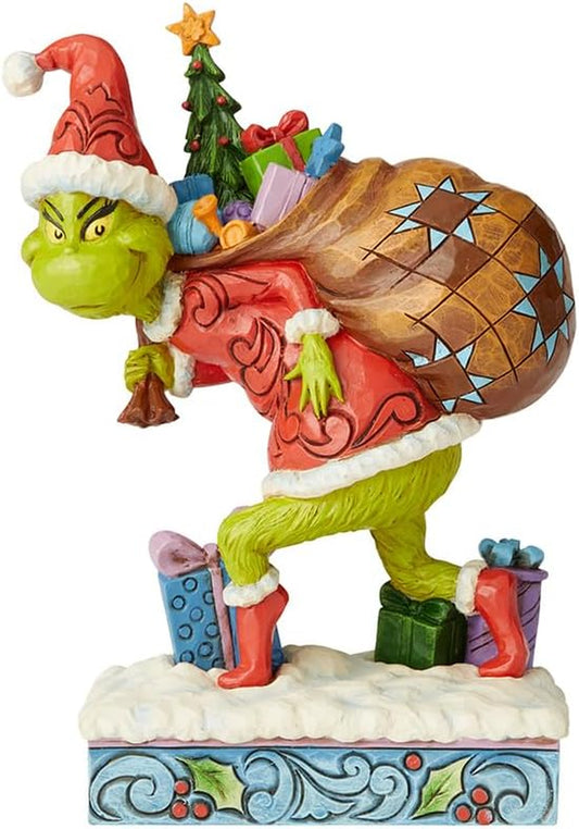 Dr. Seuss Grinch by Jim Shore Santa Grinch Figurine Tip Toeing with Gifts, Grinchmas Stone Resin Hand Crafted Collectible Christmas Figurines Home Decor Sculpture Statue, 7.68 Inch, Multicolor