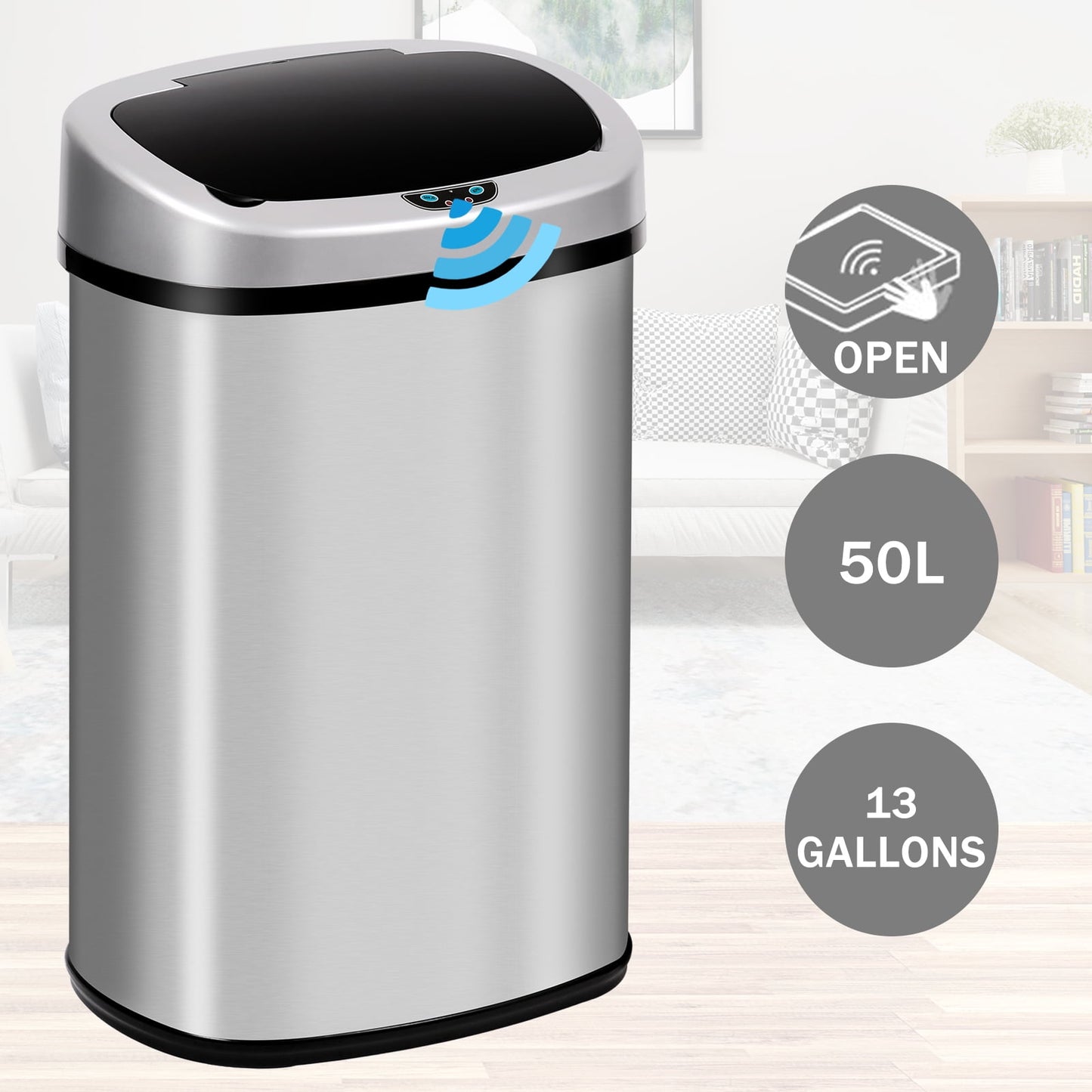 Kitchen  with Lid, 13 Gallon Automatic Stainless Steel Garbage Can with Touch-Free & Motion Sensor, Anti-Fingerprint Mute Designed Waste Bin for Office Home, Silver