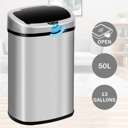 Kitchen  with Lid, 13 Gallon Automatic Stainless Steel Garbage Can with Touch-Free & Motion Sensor, Anti-Fingerprint Mute Designed Waste Bin for Office Home, Silver
